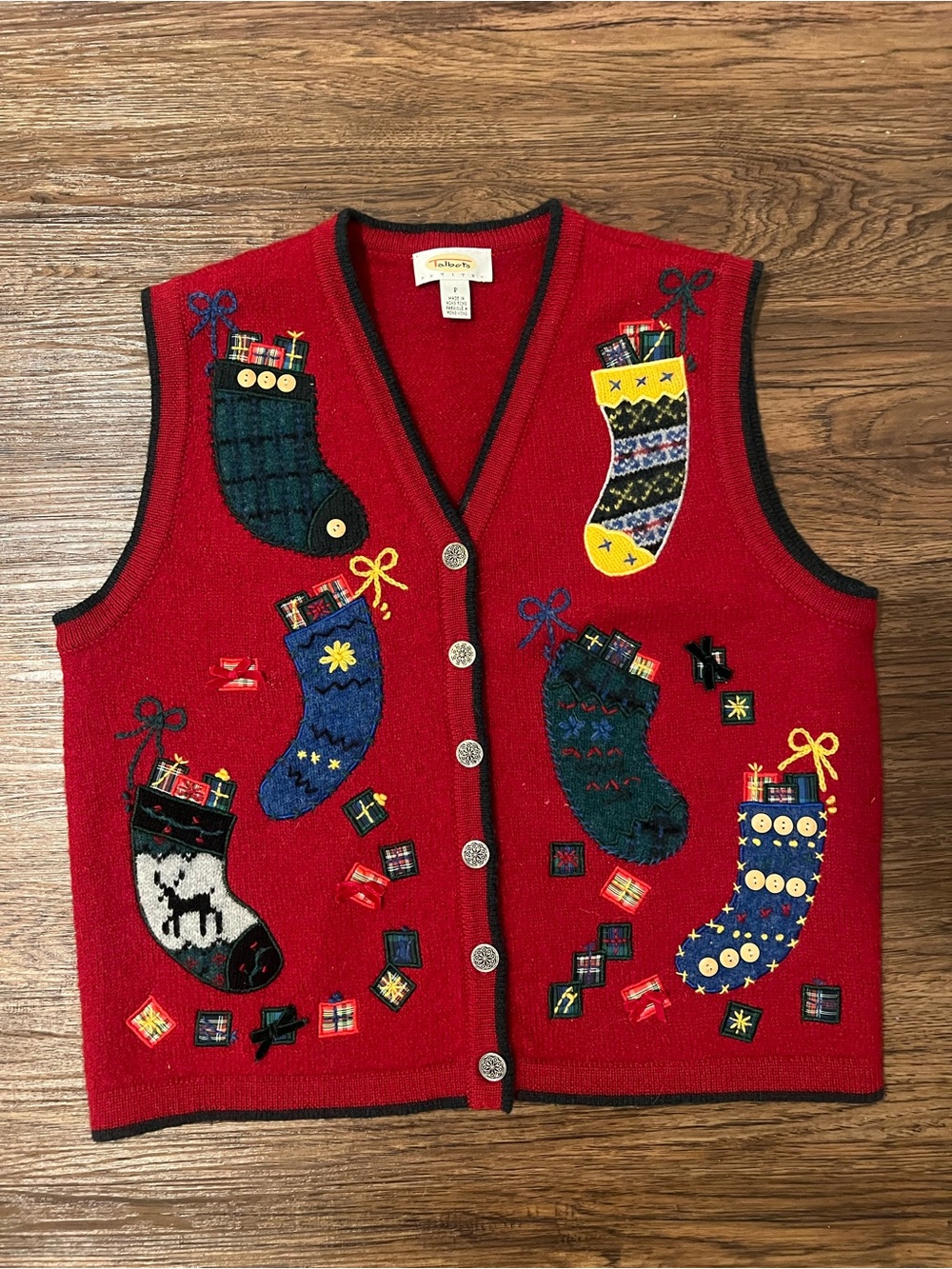 Talbots Red Holiday Embroidered Stocking Christmas Vest wool 90s